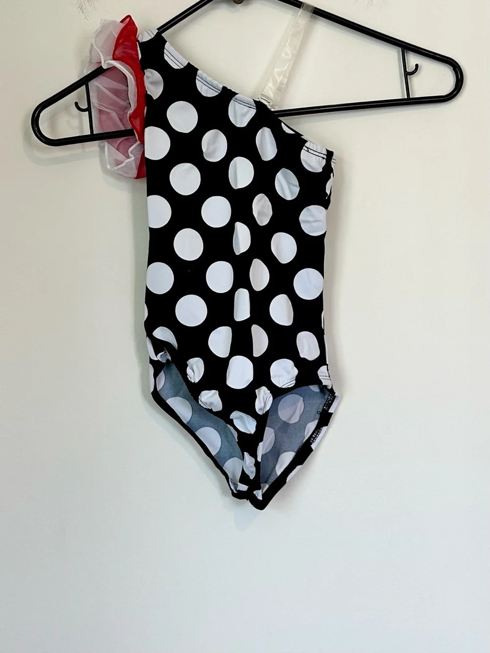 NEW Black & White Polka Dot One-Shoulder Dance Leotard with Red Tutu Skirt